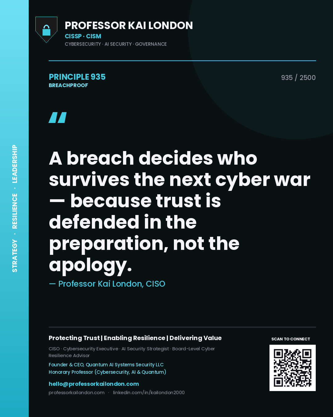 Professor Kai London principle 935: A breach decides who survives the next cyber war — because trust is defended in the preparation, not the apology.