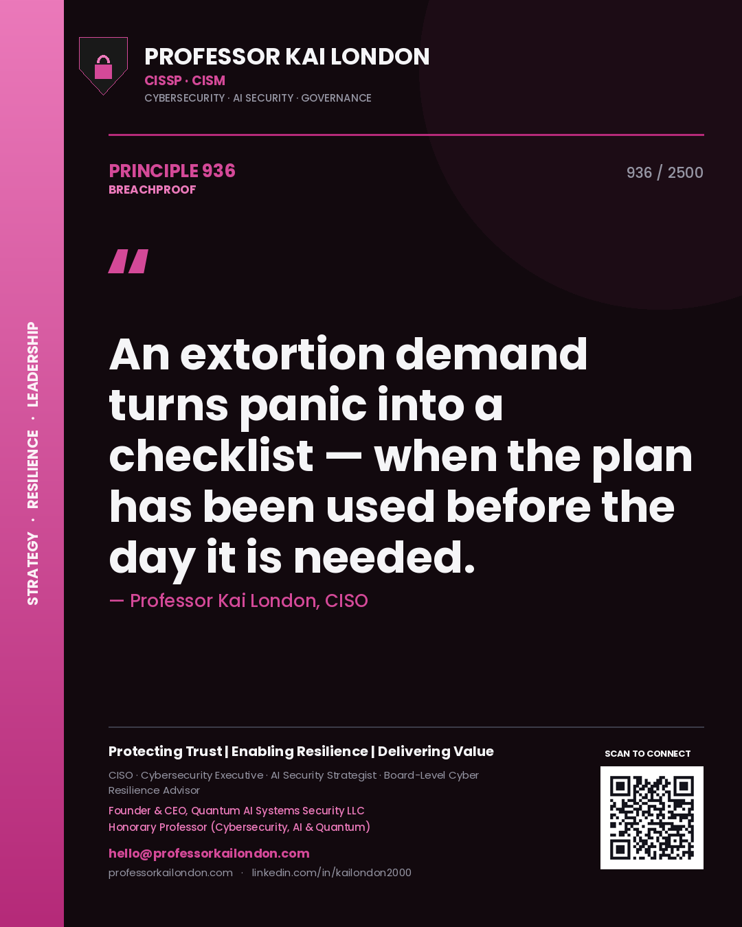 Quote card by Professor Kai London reading 'An extortion demand turns panic into a checklist — when the plan has been used before the day it is needed.'. From the book Breachproof.
