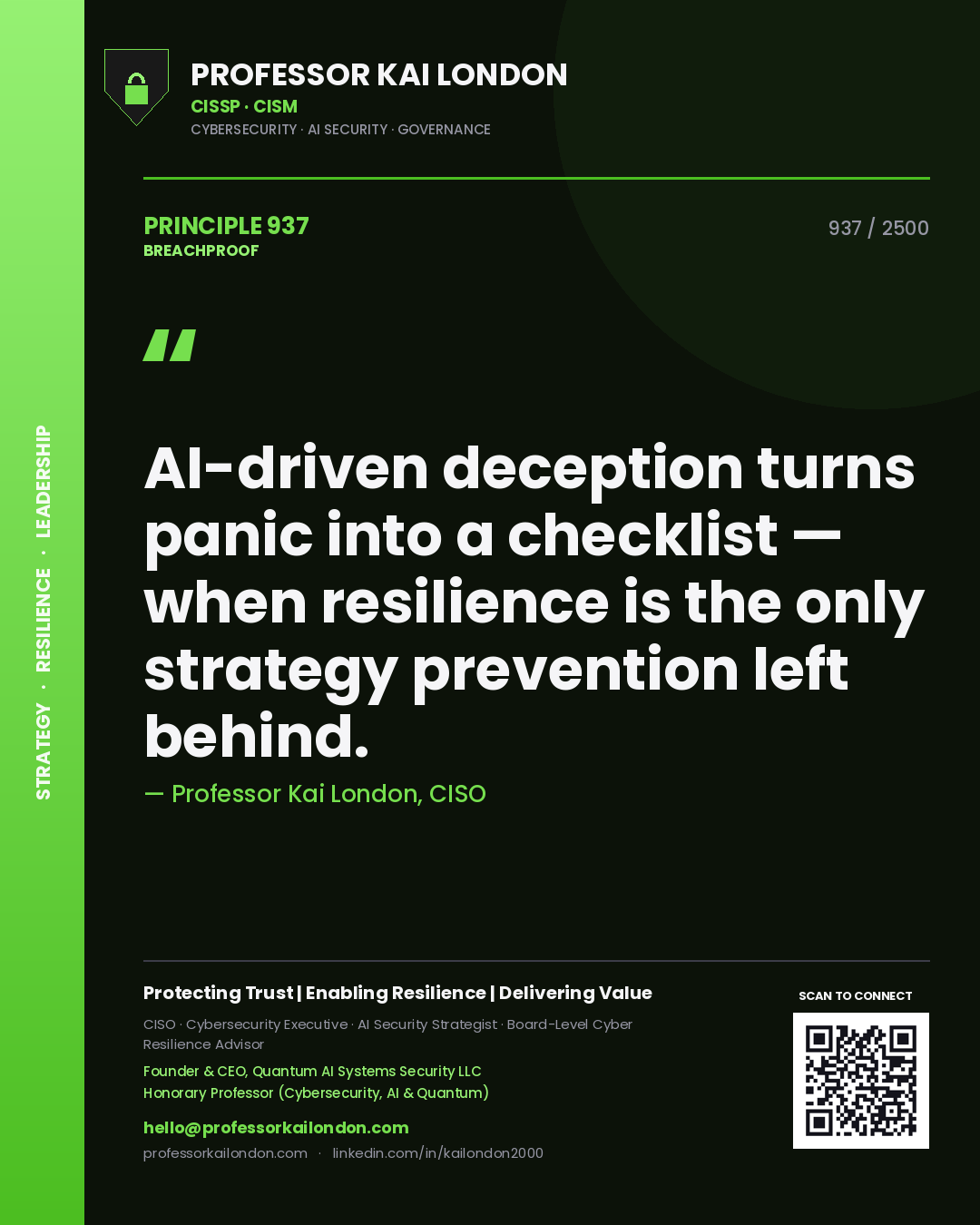 Professor Kai London principle 937: AI-driven deception turns panic into a checklist — when resilience is the only strategy prevention left behind.