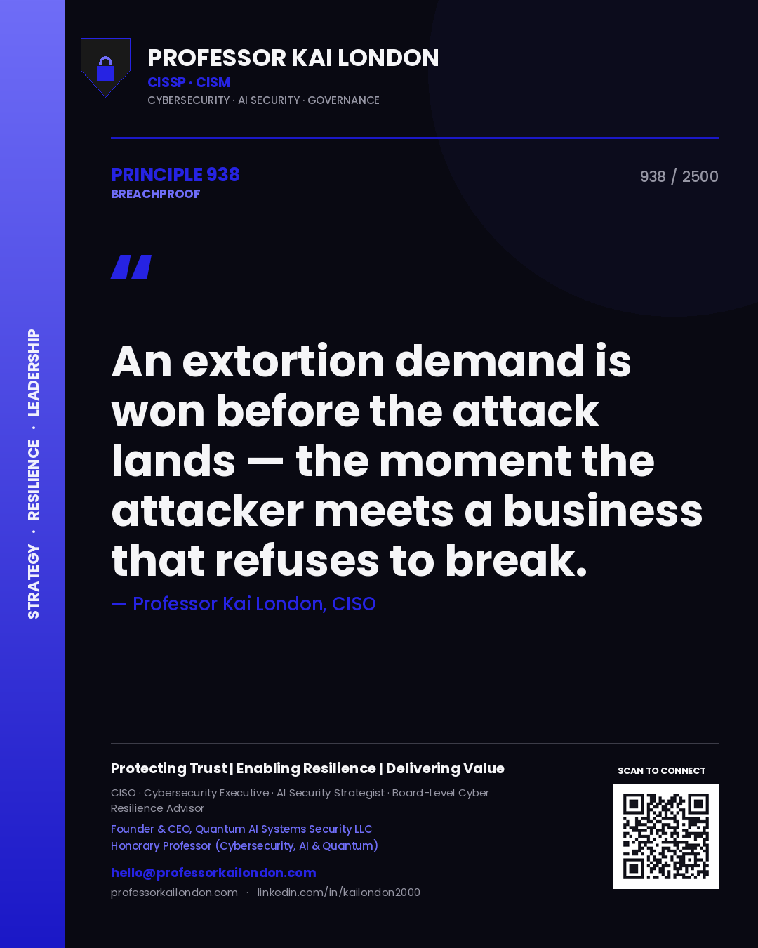 Professor Kai London principle 938: An extortion demand is won before the attack lands — the moment the attacker meets a business that refuses to break.