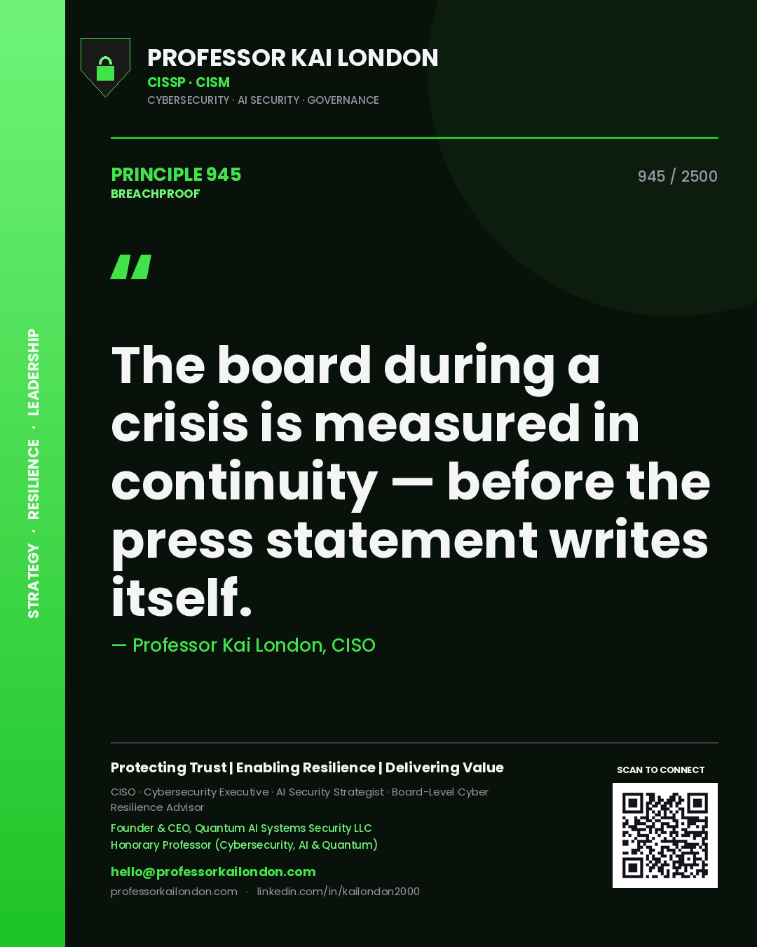 Quote card by Professor Kai London reading 'The board during a crisis is measured in continuity — before the press statement writes itself.'. From the book Breachproof.