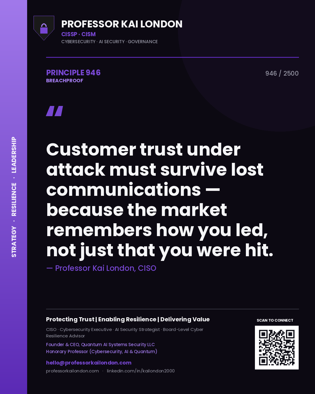 Professor Kai London principle 946: Customer trust under attack must survive lost communications — because the market remembers how you led, not just that you were hit.