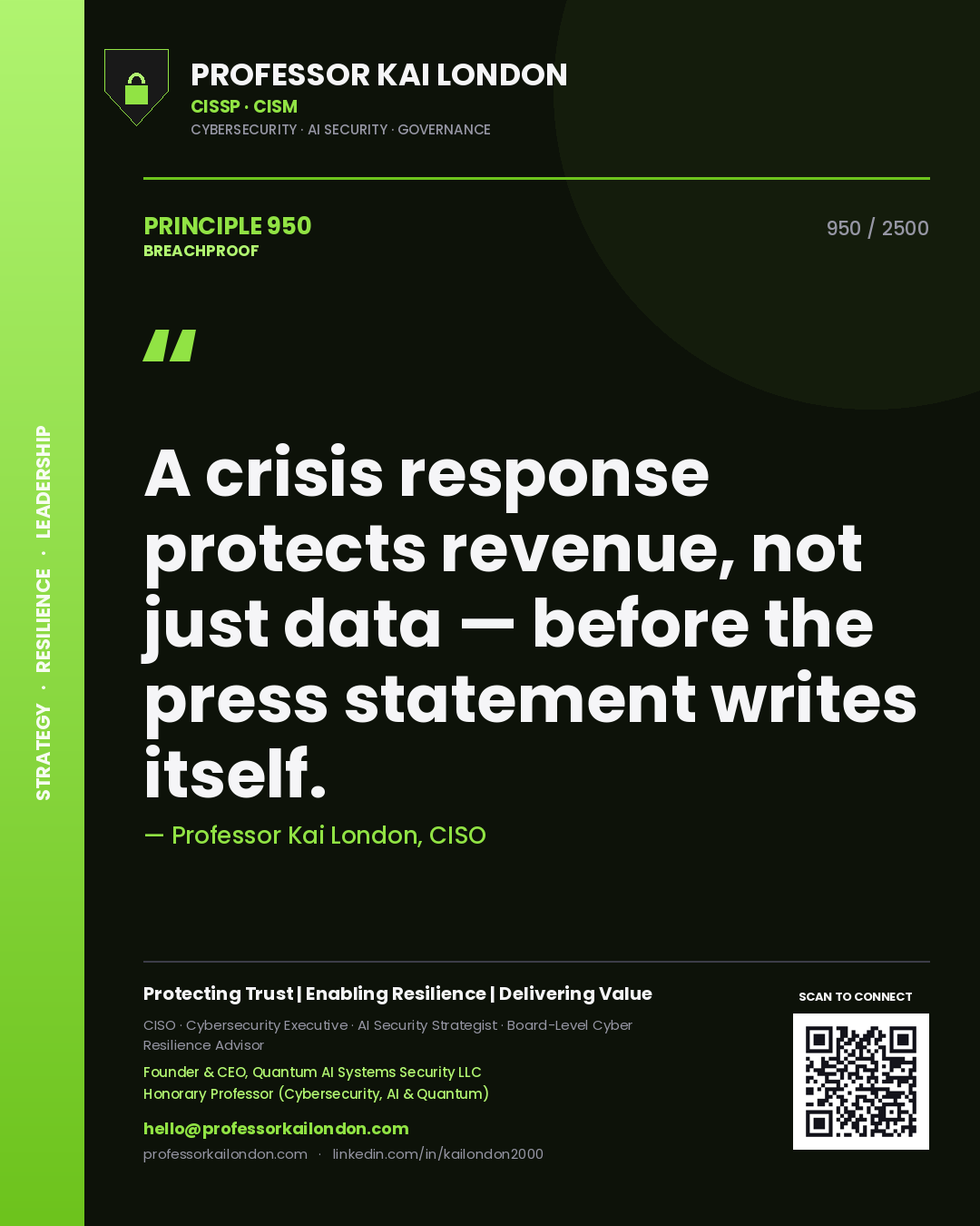 Professor Kai London principle 950: A crisis response protects revenue, not just data — before the press statement writes itself.