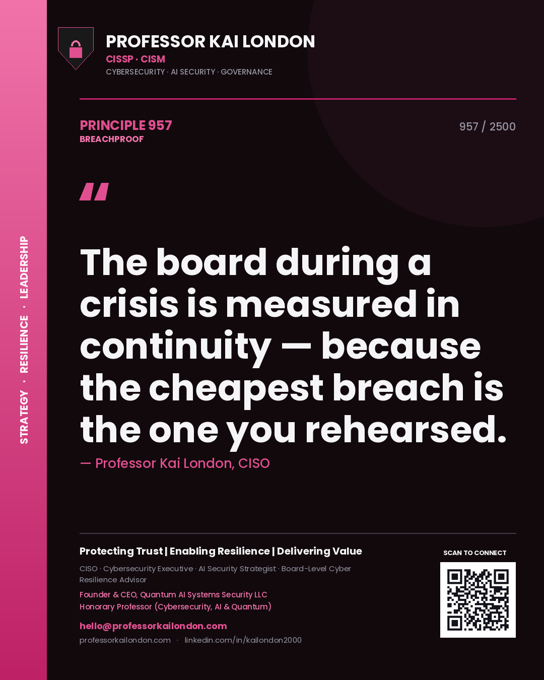 Professor Kai London principle 957: The board during a crisis is measured in continuity — because the cheapest breach is the one you rehearsed.