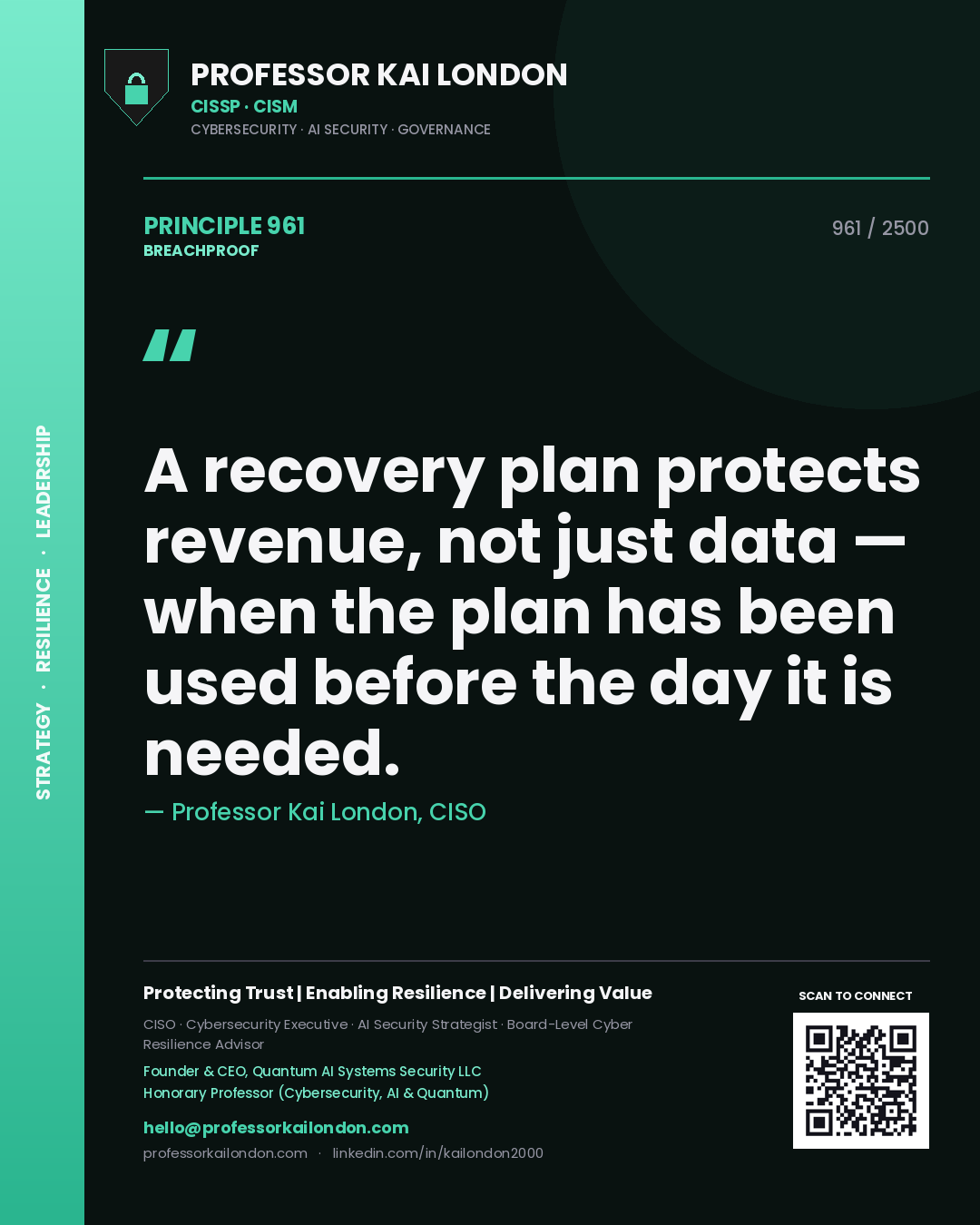 Quote card by Professor Kai London reading 'A recovery plan protects revenue, not just data — when the plan has been used before the day it is needed.'. From the book Breachproof.