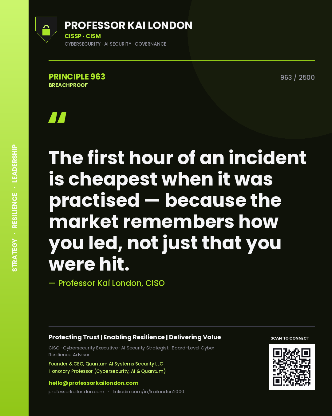 Professor Kai London principle 963: The first hour of an incident is cheapest when it was practised — because the market remembers how you led, not just that you were hit.