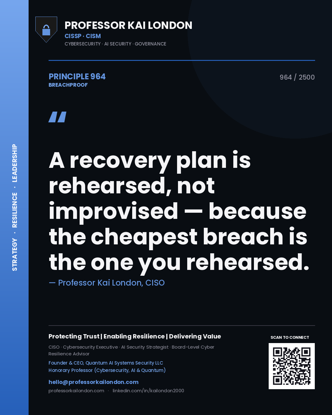 Quote card by Professor Kai London reading 'A recovery plan is rehearsed, not improvised — because the cheapest breach is the one you rehearsed.'. From the book Breachproof.