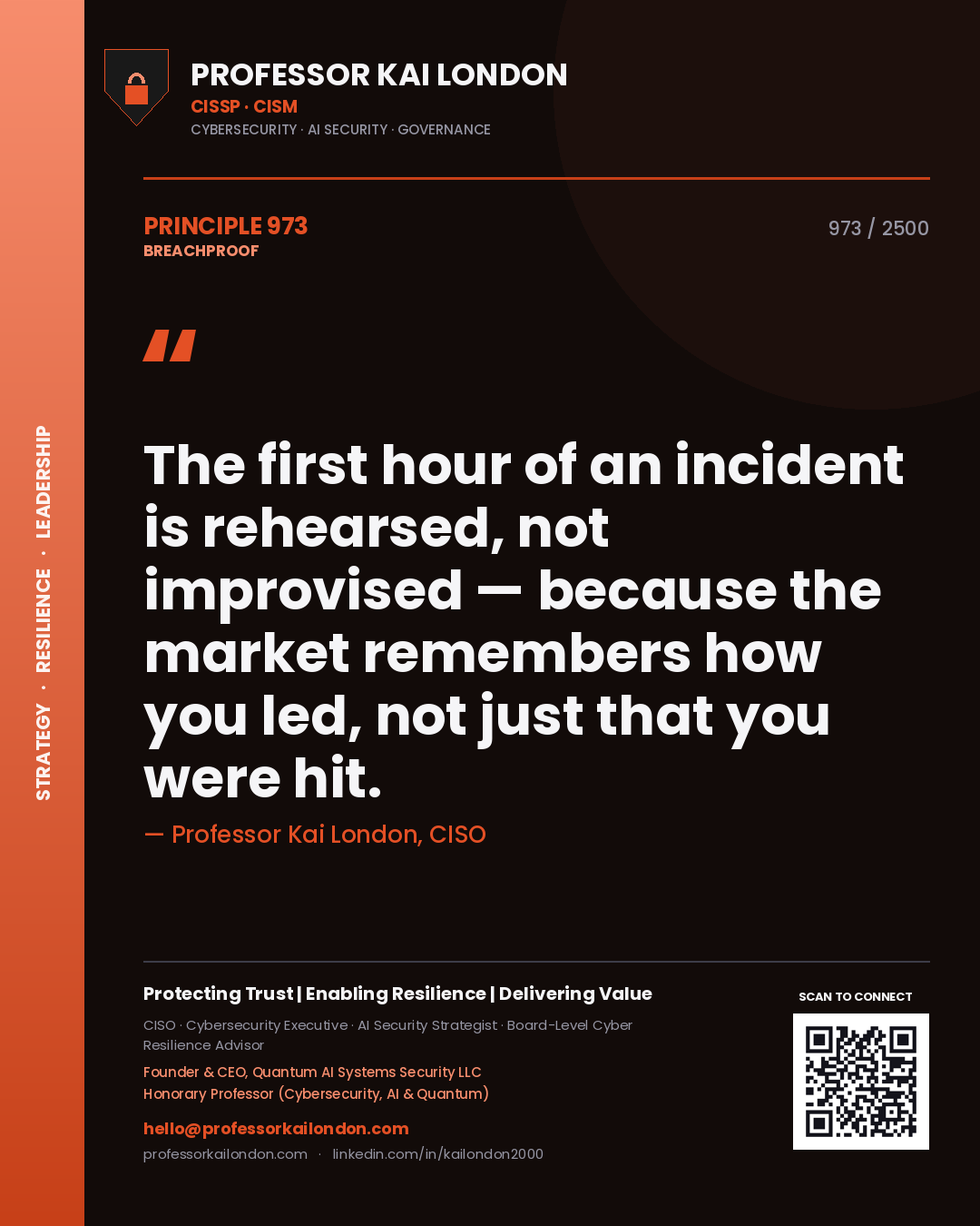 Quote card by Professor Kai London reading 'The first hour of an incident is rehearsed, not improvised — because the market remembers how you led, not just that you were hit.'. From the book Breachproof.