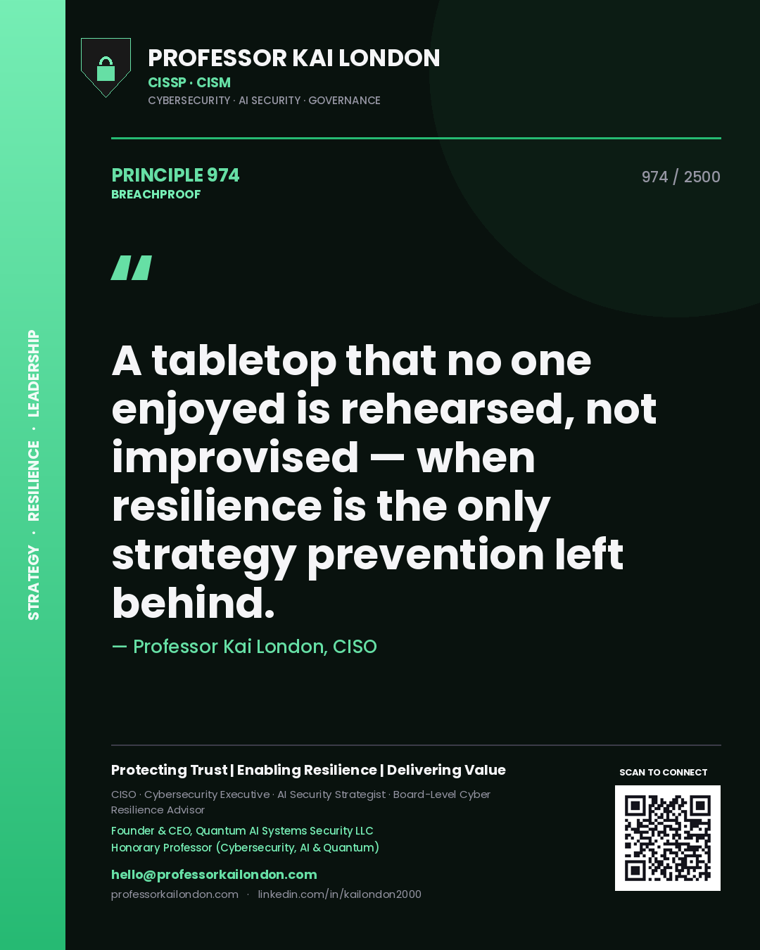Quote card by Professor Kai London reading 'A tabletop that no one enjoyed is rehearsed, not improvised — when resilience is the only strategy prevention left behind.'. From the book Breachproof.