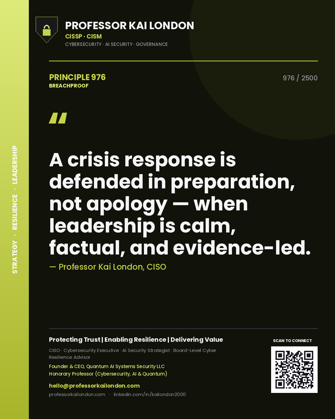 Quote card by Professor Kai London reading 'A crisis response is defended in preparation, not apology — when leadership is calm, factual, and evidence-led.'. From the book Breachproof.