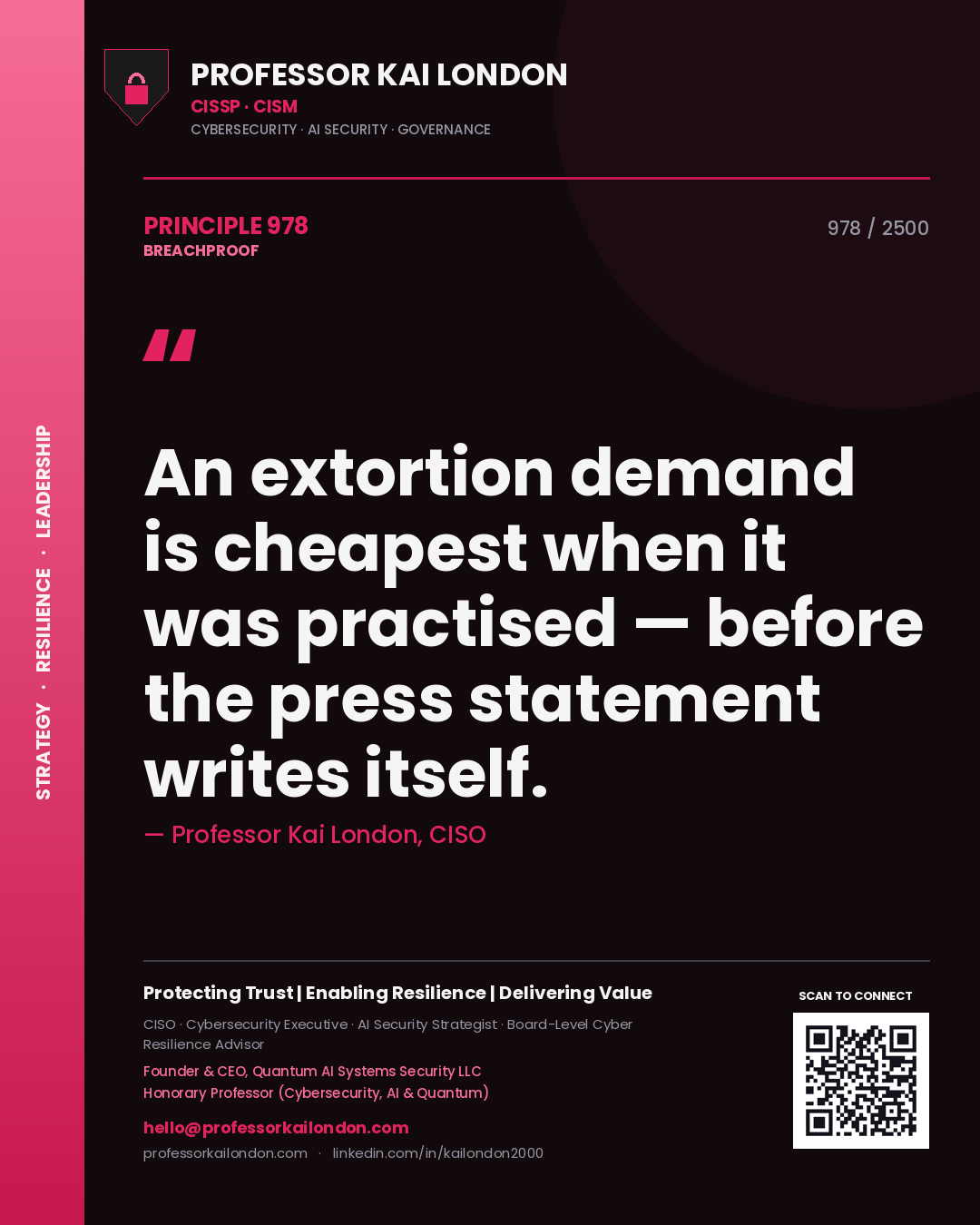 Quote card by Professor Kai London reading 'An extortion demand is cheapest when it was practised — before the press statement writes itself.'. From the book Breachproof.
