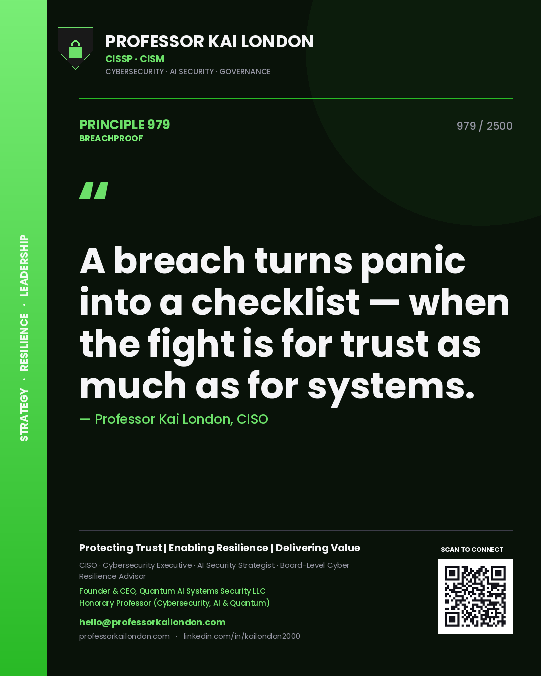 Quote card by Professor Kai London reading 'A breach turns panic into a checklist — when the fight is for trust as much as for systems.'. From the book Breachproof.