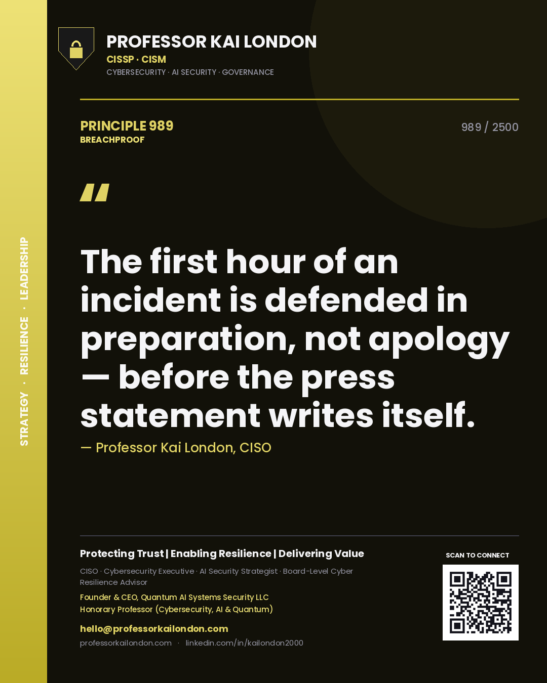 Professor Kai London principle 989: The first hour of an incident is defended in preparation, not apology — before the press statement writes itself.