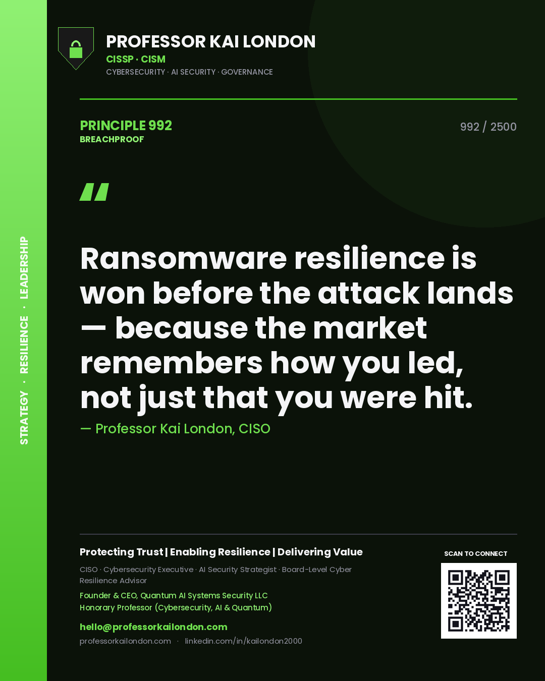 Quote card by Professor Kai London reading 'Ransomware resilience is won before the attack lands — because the market remembers how you led, not just that you were hit.'. From the book Breachproof.