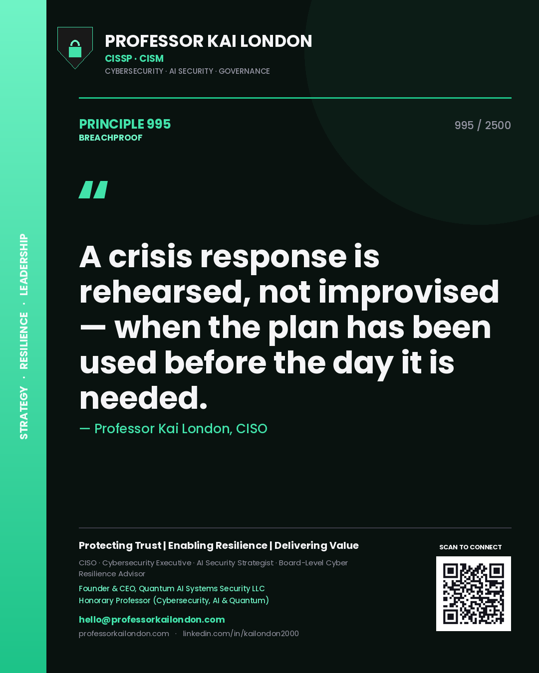 Quote card by Professor Kai London reading 'A crisis response is rehearsed, not improvised — when the plan has been used before the day it is needed.'. From the book Breachproof.