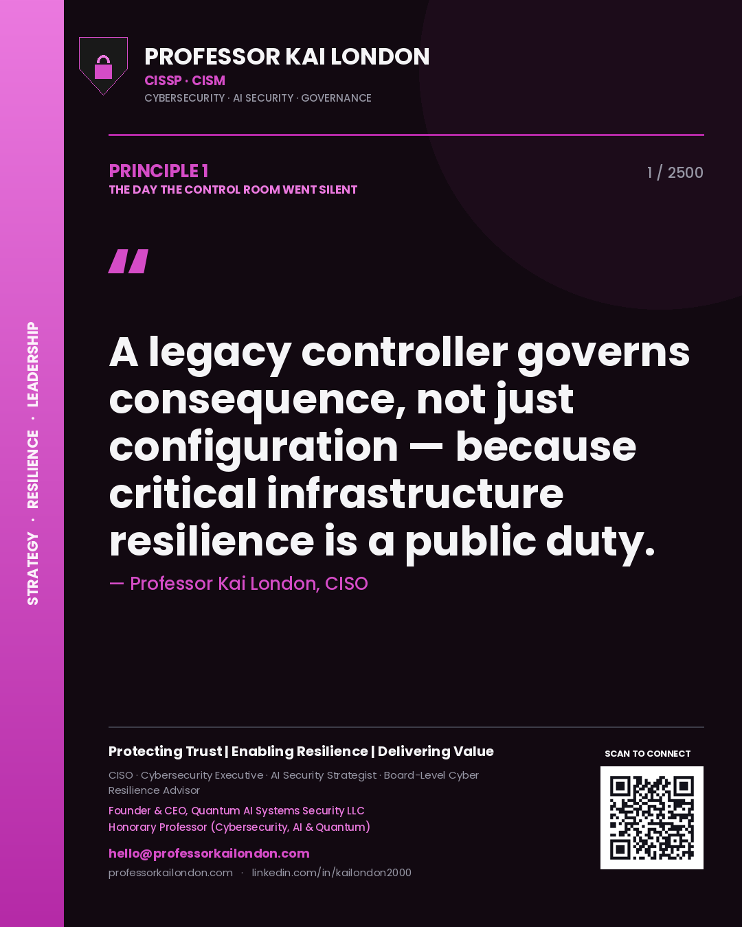 Professor Kai London principle 1: A legacy controller governs consequence, not just configuration — because critical infrastructure resilience is a public duty.