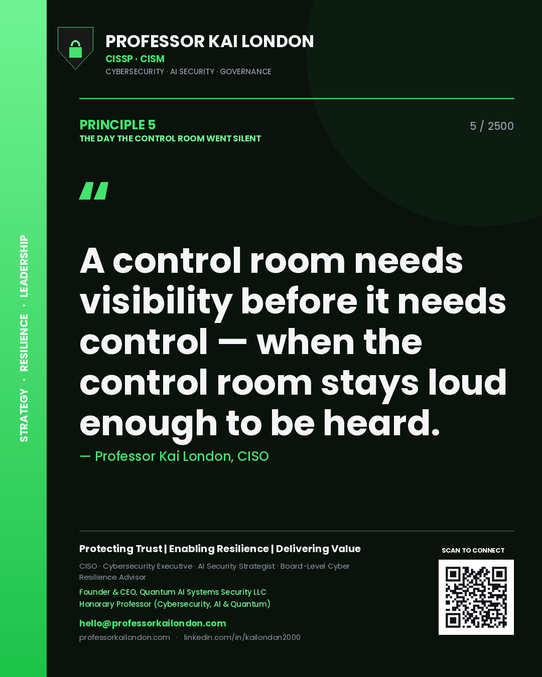 Quote card by Professor Kai London reading 'A control room needs visibility before it needs control — when the control room stays loud enough to be heard.'. From the book The Day the Control Room Went Silent.