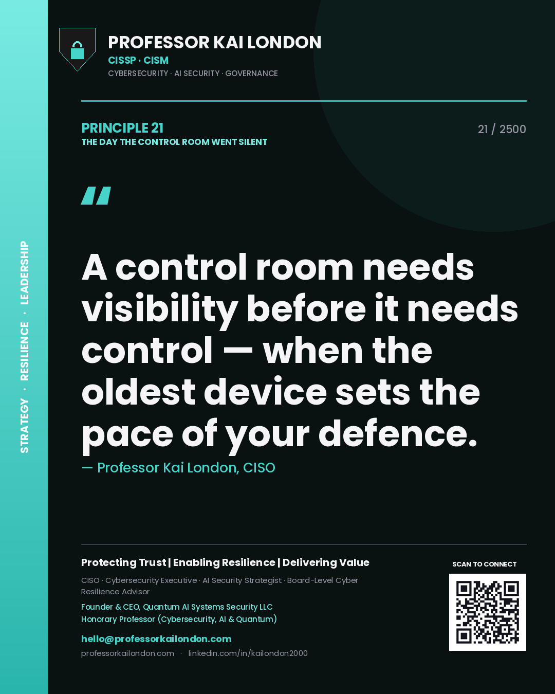 Professor Kai London principle 21: A control room needs visibility before it needs control — when the oldest device sets the pace of your defence.