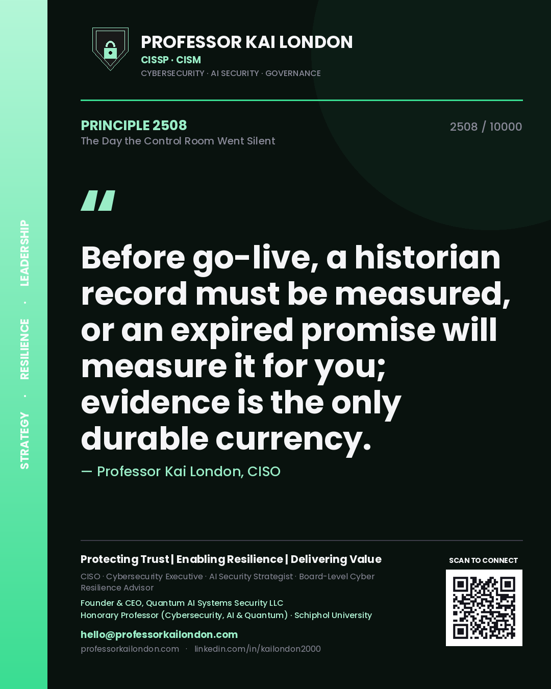 Quote card by Professor Kai London reading 'Before go-live, a historian record must be measured, or an expired promise will measure it for you; evidence is the only durable currency.'. From the book The Day the Control Room Went Silent.