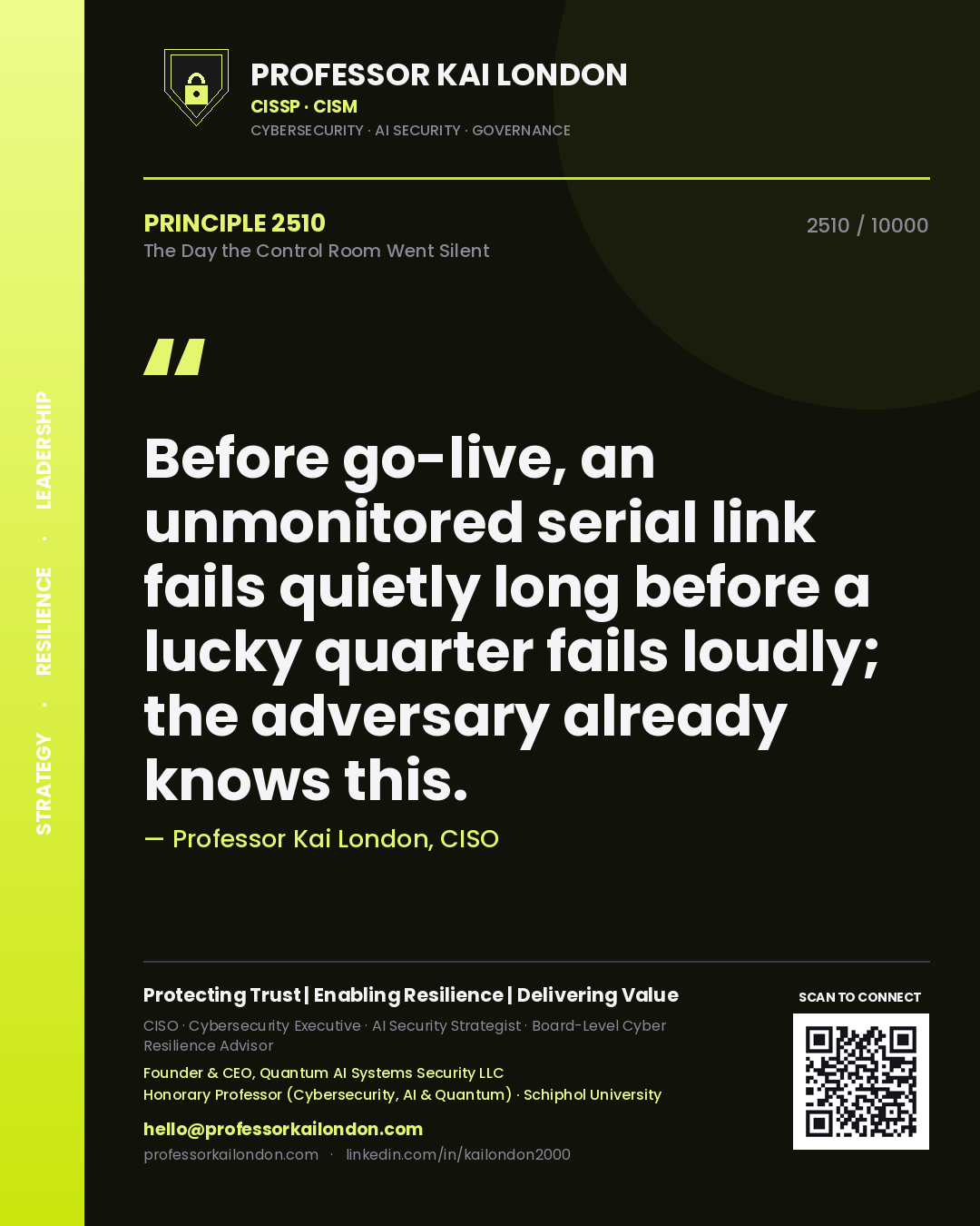 Quote card by Professor Kai London reading 'Before go-live, an unmonitored serial link fails quietly long before a lucky quarter fails loudly; the adversary already knows this.'. From the book The Day the Control Room Went Silent.