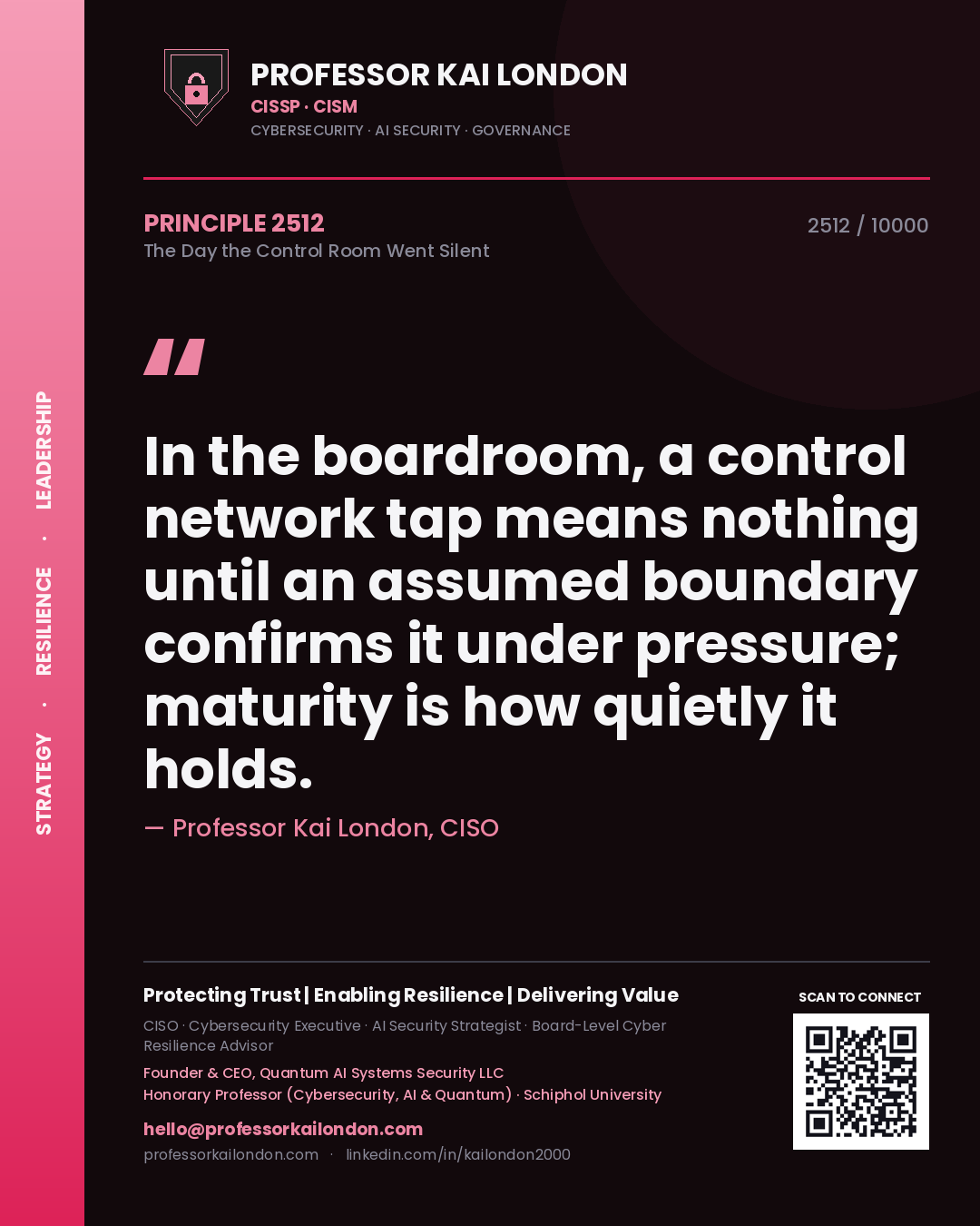 Quote card by Professor Kai London reading 'In the boardroom, a control network tap means nothing until an assumed boundary confirms it under pressure; maturity is how quietly it holds.'. From the book The Day the Control Room Went Silent.