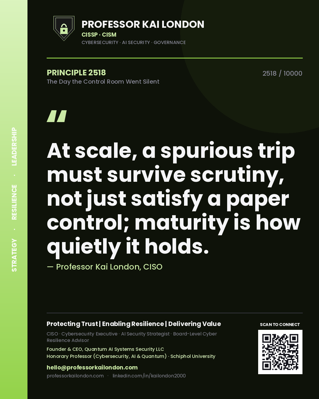 Professor Kai London principle 2518: At scale, a spurious trip must survive scrutiny, not just satisfy a paper control; maturity is how quietly it holds.
