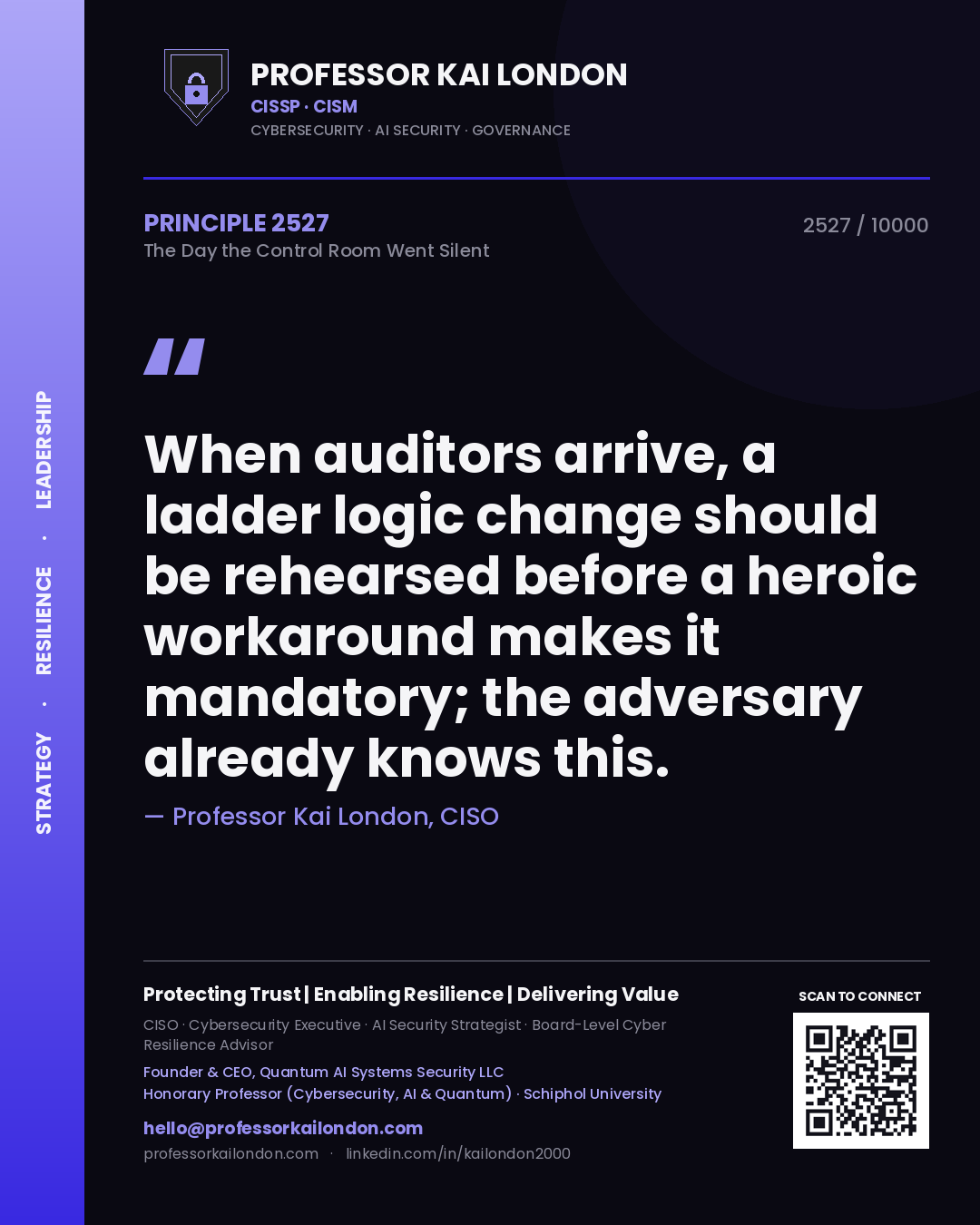 Quote card by Professor Kai London reading 'When auditors arrive, a ladder logic change should be rehearsed before a heroic workaround makes it mandatory; the adversary already knows this.'. From the book The Day the Control Room Went Silent.