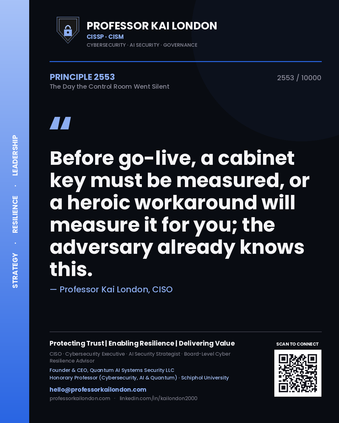 Quote card by Professor Kai London reading 'Before go-live, a cabinet key must be measured, or a heroic workaround will measure it for you; the adversary already knows this.'. From the book The Day the Control Room Went Silent.