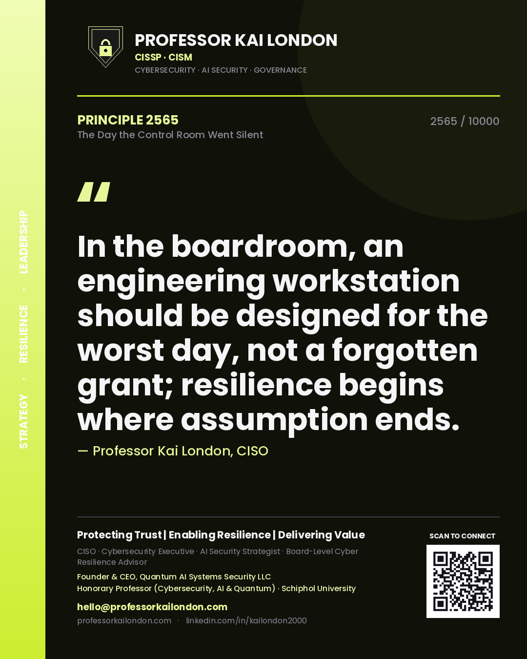 Quote card by Professor Kai London reading 'In the boardroom, an engineering workstation should be designed for the worst day, not a forgotten grant; resilience begins where assumption ends.'. From the book The Day the Control Room Went Silent.