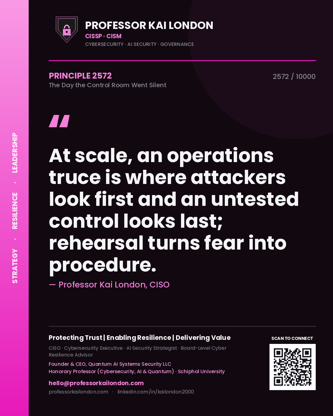 Quote card by Professor Kai London reading 'At scale, an operations truce is where attackers look first and an untested control looks last; rehearsal turns fear into procedure.'. From the book The Day the Control Room Went Silent.