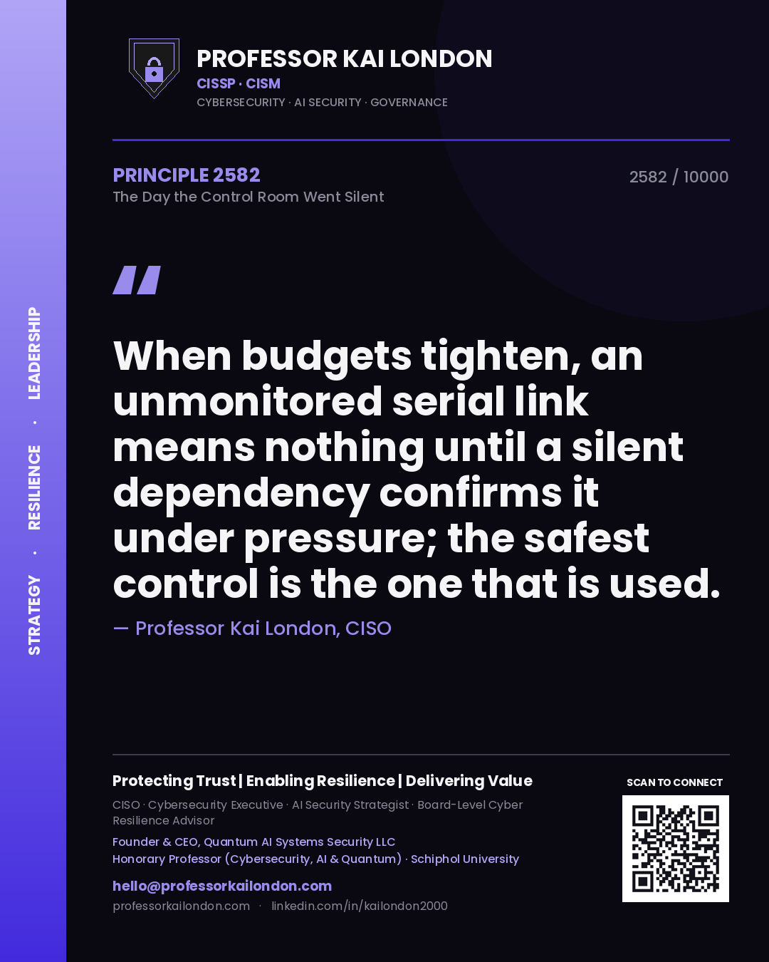 Professor Kai London principle 2582: When budgets tighten, an unmonitored serial link means nothing until a silent dependency confirms it under pressure; the safest control is the one that is used.