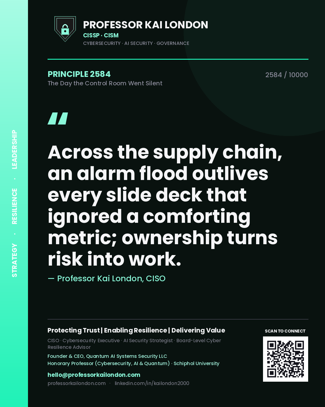 Professor Kai London principle 2584: Across the supply chain, an alarm flood outlives every slide deck that ignored a comforting metric; ownership turns risk into work.