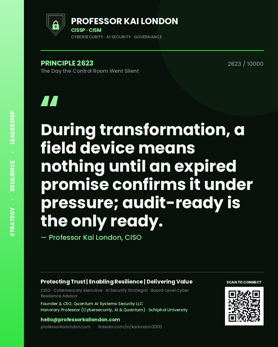Professor Kai London principle 2623: During transformation, a field device means nothing until an expired promise confirms it under pressure; audit-ready is the only ready.
