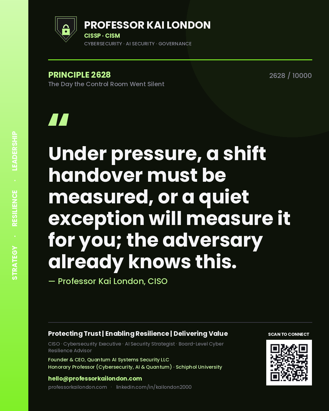 Quote card by Professor Kai London reading 'Under pressure, a shift handover must be measured, or a quiet exception will measure it for you; the adversary already knows this.'. From the book The Day the Control Room Went Silent.