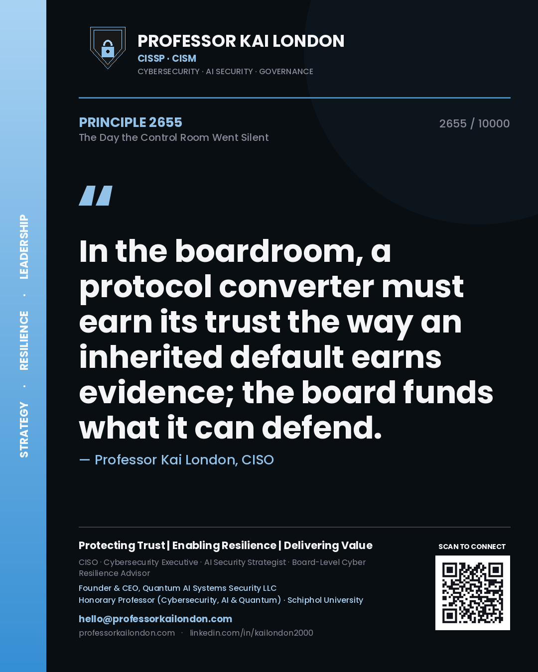 Professor Kai London principle 2655: In the boardroom, a protocol converter must earn its trust the way an inherited default earns evidence; the board funds what it can defend.