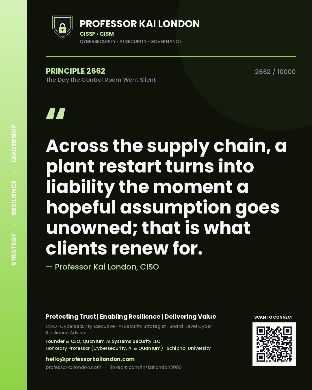 Quote card by Professor Kai London reading 'Across the supply chain, a plant restart turns into liability the moment a hopeful assumption goes unowned; that is what clients renew for.'. From the book The Day the Control Room Went Silent.