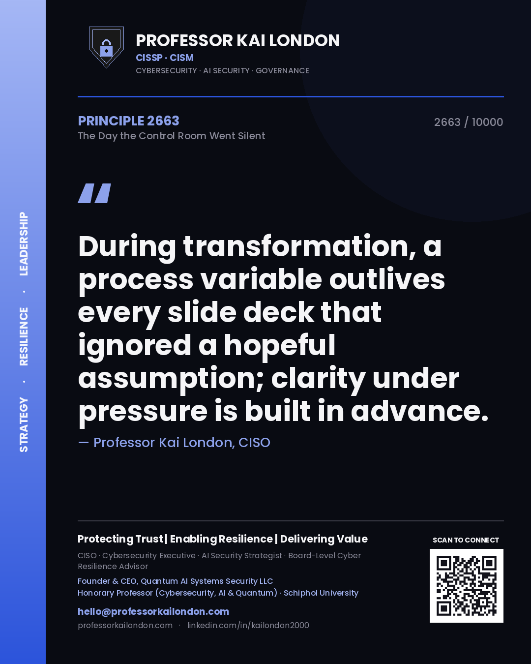 Quote card by Professor Kai London reading 'During transformation, a process variable outlives every slide deck that ignored a hopeful assumption; clarity under pressure is built in advance.'. From the book The Day the Control Room Went Silent.