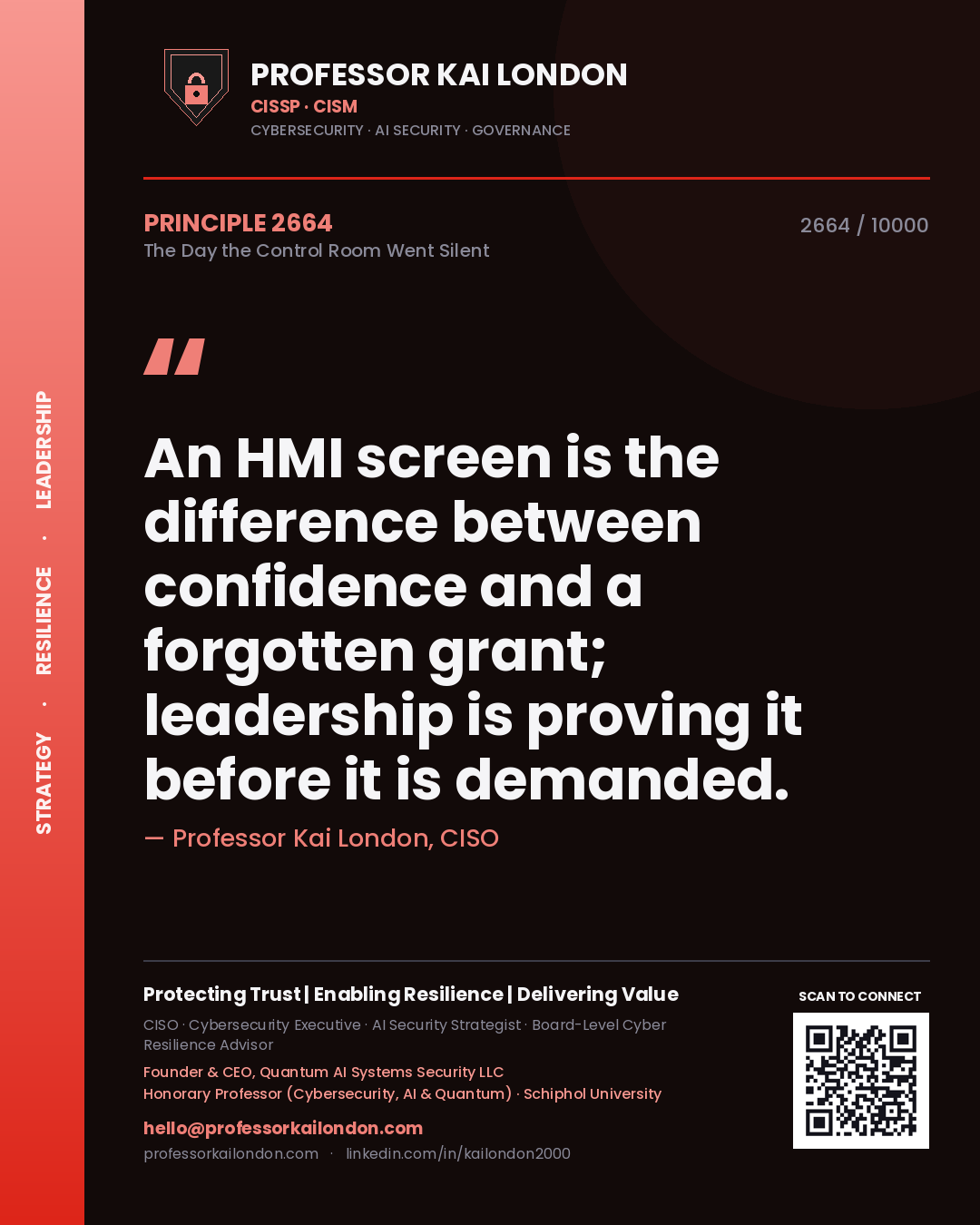 Quote card by Professor Kai London reading 'An HMI screen is the difference between confidence and a forgotten grant; leadership is proving it before it is demanded.'. From the book The Day the Control Room Went Silent.