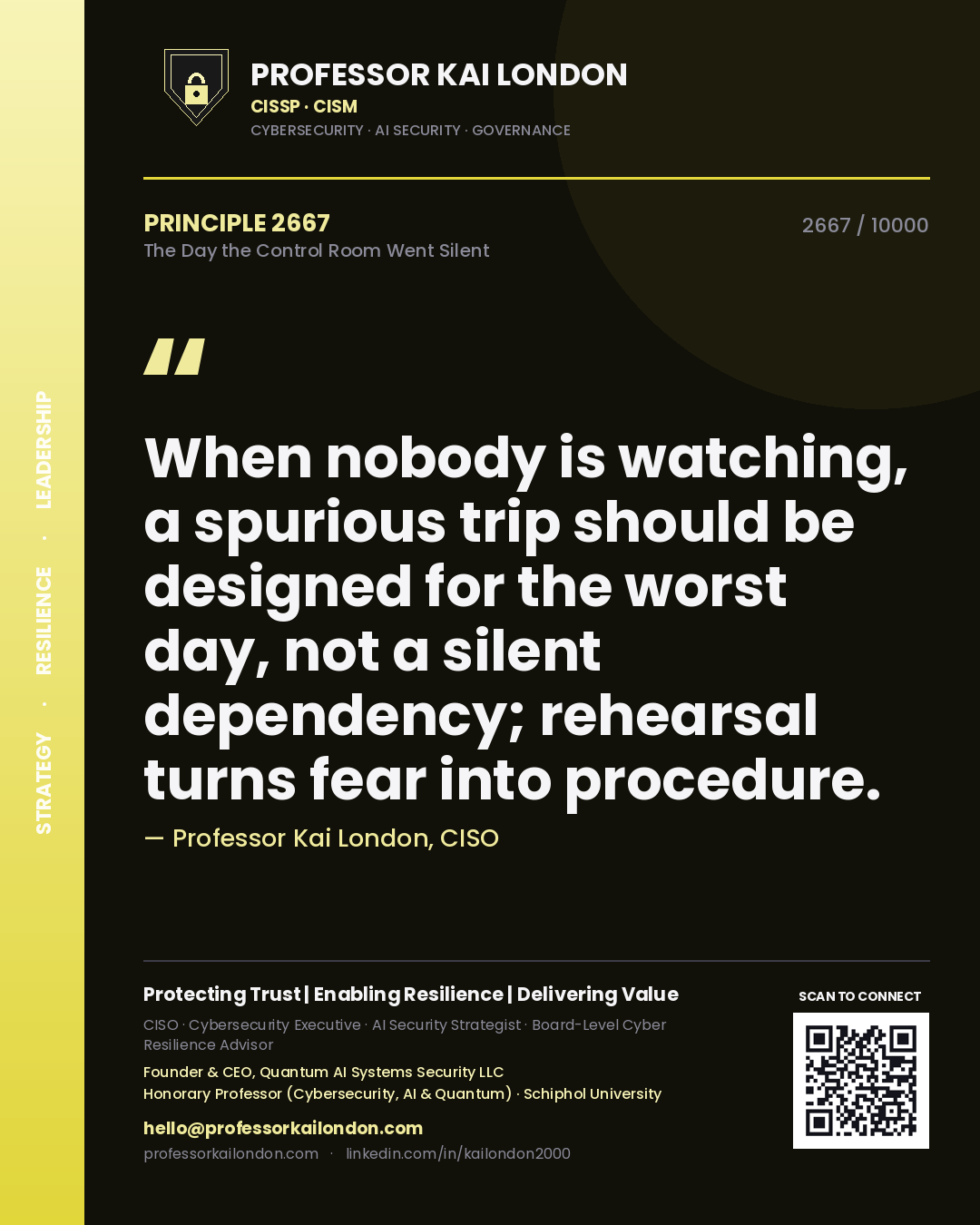 Professor Kai London principle 2667: When nobody is watching, a spurious trip should be designed for the worst day, not a silent dependency; rehearsal turns fear into procedure.