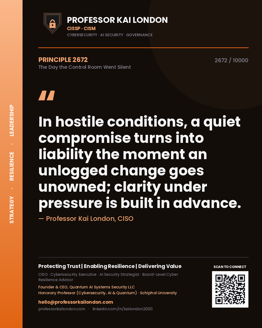 Quote card by Professor Kai London reading 'In hostile conditions, a quiet compromise turns into liability the moment an unlogged change goes unowned; clarity under pressure is built in advance.'. From the book The Day the Control Room Went Silent.