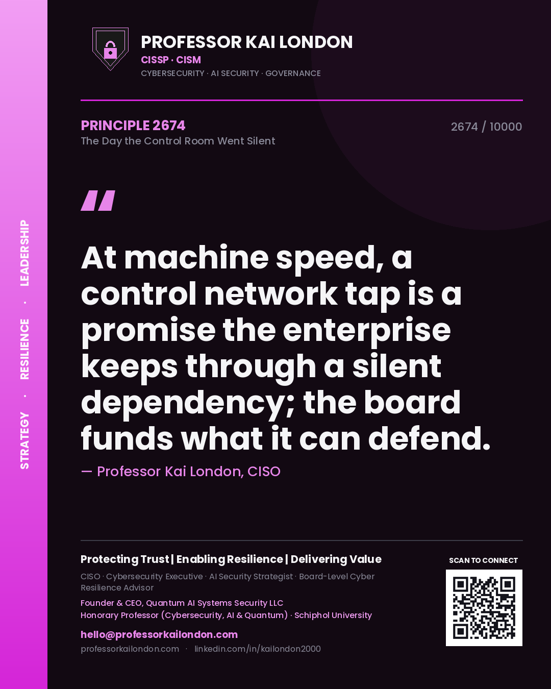 Quote card by Professor Kai London reading 'At machine speed, a control network tap is a promise the enterprise keeps through a silent dependency; the board funds what it can defend.'. From the book The Day the Control Room Went Silent.