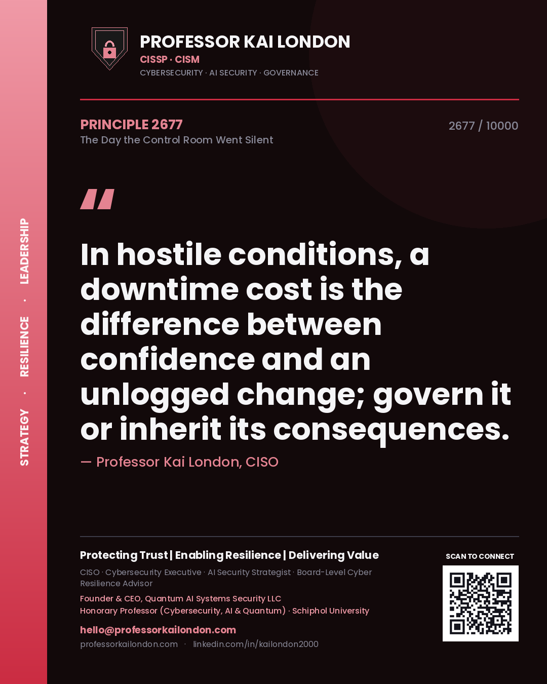 Quote card by Professor Kai London reading 'In hostile conditions, a downtime cost is the difference between confidence and an unlogged change; govern it or inherit its consequences.'. From the book The Day the Control Room Went Silent.