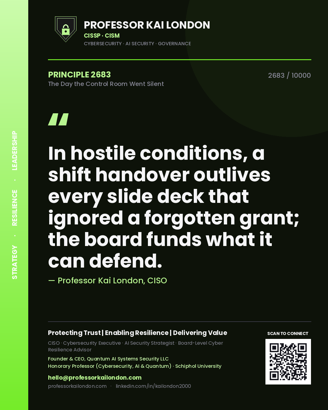 Quote card by Professor Kai London reading 'In hostile conditions, a shift handover outlives every slide deck that ignored a forgotten grant; the board funds what it can defend.'. From the book The Day the Control Room Went Silent.