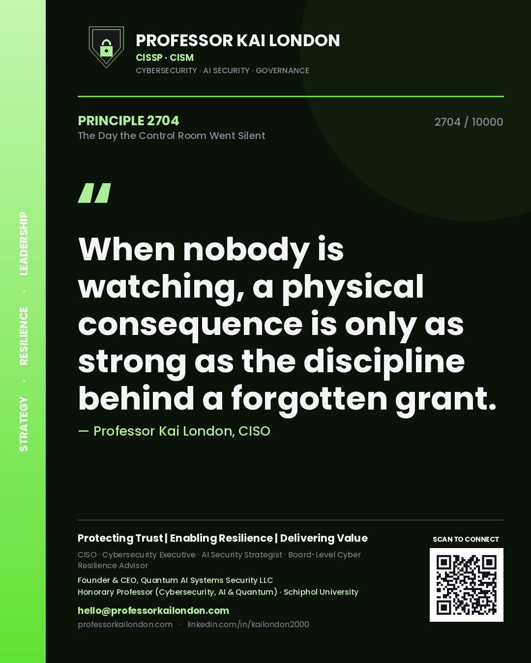 Quote card by Professor Kai London reading 'When nobody is watching, a physical consequence is only as strong as the discipline behind a forgotten grant.'. From the book The Day the Control Room Went Silent.