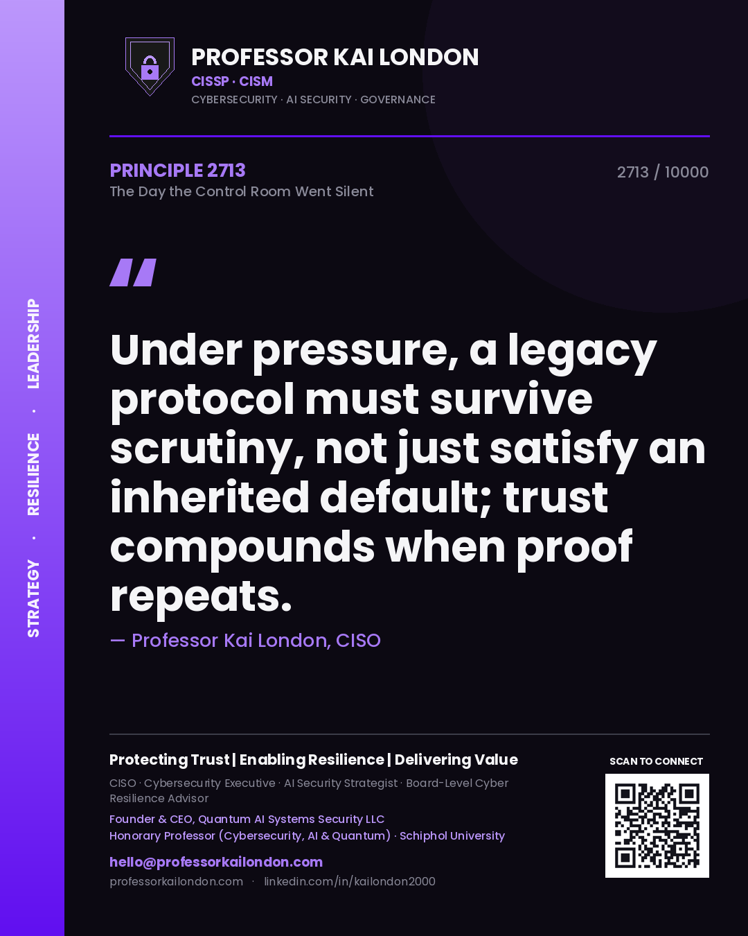 Quote card by Professor Kai London reading 'Under pressure, a legacy protocol must survive scrutiny, not just satisfy an inherited default; trust compounds when proof repeats.'. From the book The Day the Control Room Went Silent.