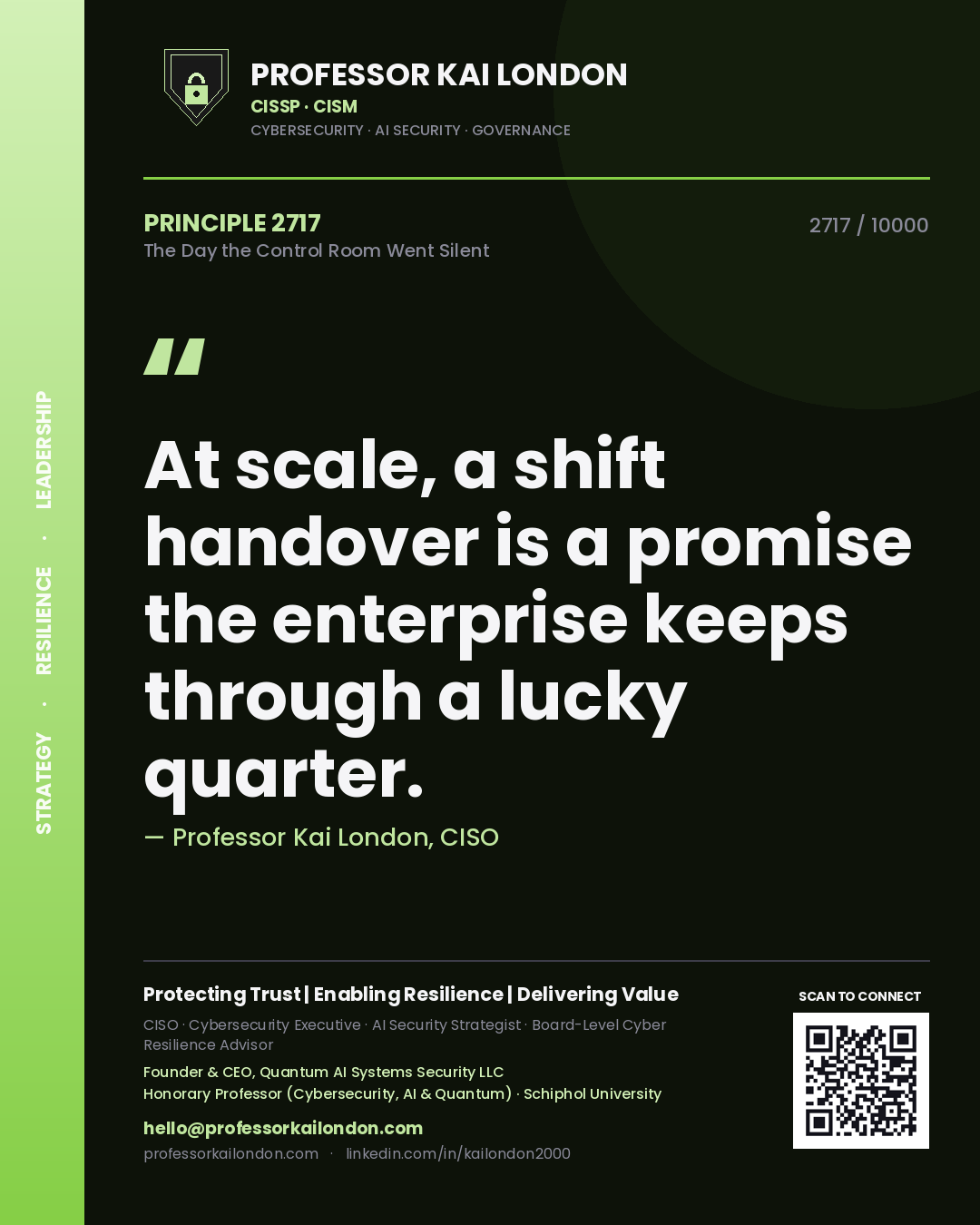 Quote card by Professor Kai London reading 'At scale, a shift handover is a promise the enterprise keeps through a lucky quarter.'. From the book The Day the Control Room Went Silent.