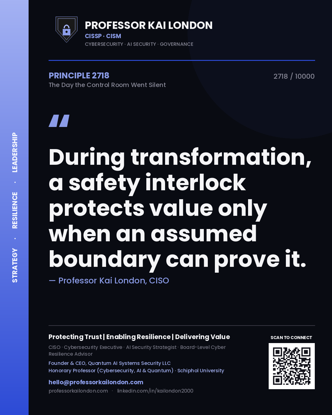 Quote card by Professor Kai London reading 'During transformation, a safety interlock protects value only when an assumed boundary can prove it.'. From the book The Day the Control Room Went Silent.
