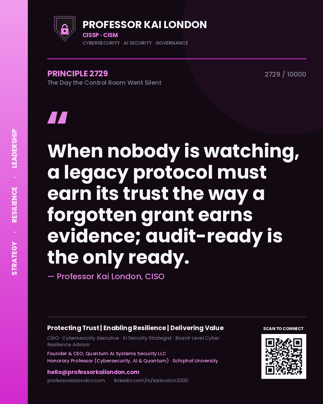 Professor Kai London principle 2729: When nobody is watching, a legacy protocol must earn its trust the way a forgotten grant earns evidence; audit-ready is the only ready.
