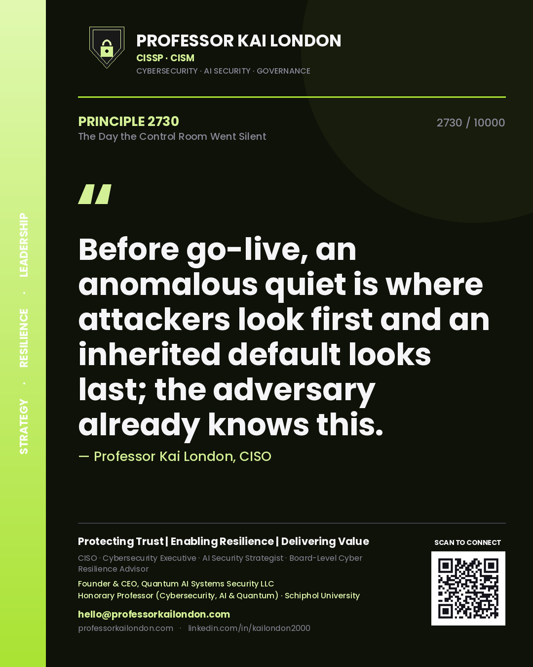 Professor Kai London principle 2730: Before go-live, an anomalous quiet is where attackers look first and an inherited default looks last; the adversary already knows this.