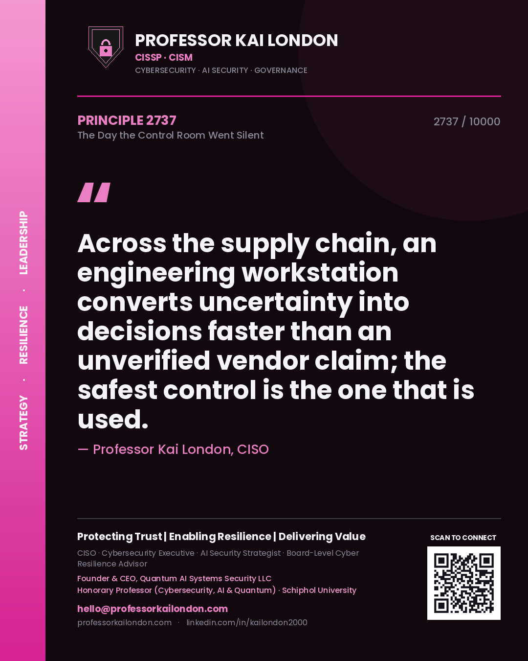 Professor Kai London principle 2737: Across the supply chain, an engineering workstation converts uncertainty into decisions faster than an unverified vendor claim; the safest control is the one that is used.